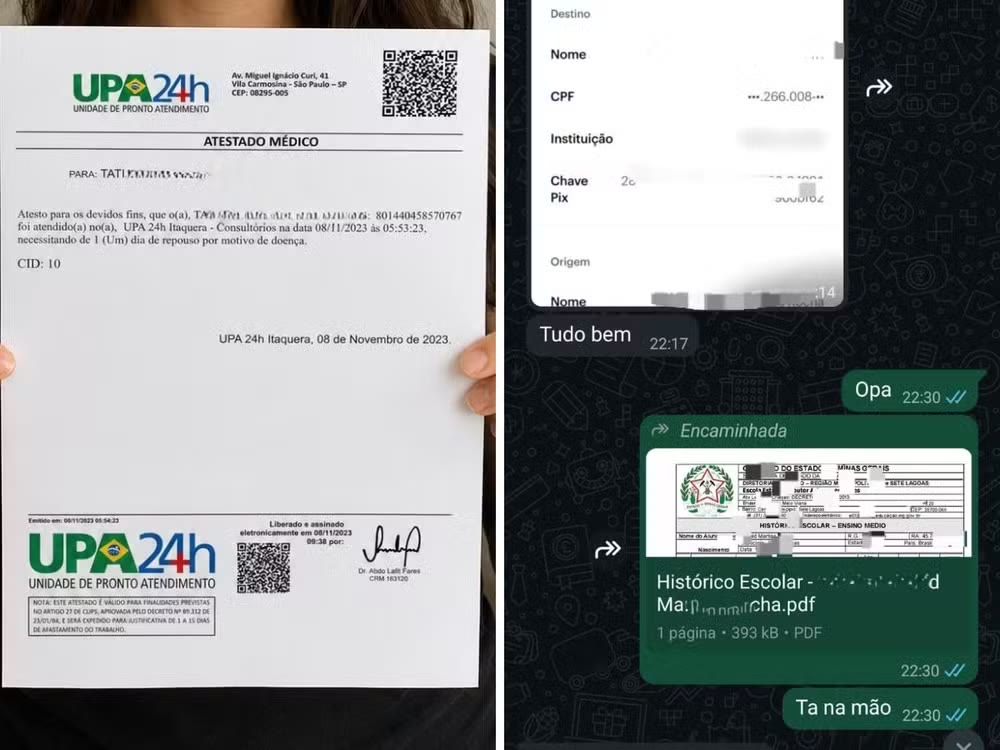 Documento falso ao lado de cartão de crédito, com distintivo policial ao fundo
